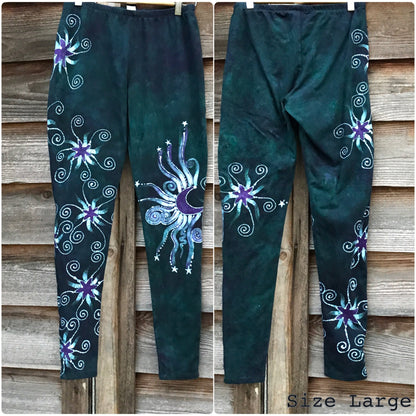 Dark Teal and Purple Stars Batikwalla Leggings - size Small ONLY