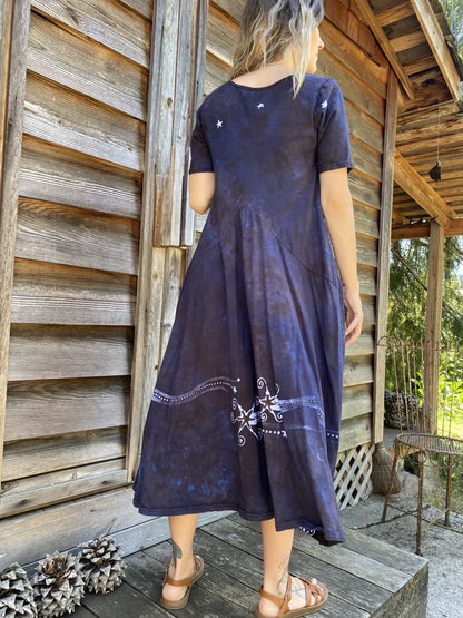 Rustic Denim Tree - Hand Painted Short Sleeve Batik Dress - With Pockets Batik Dresses Batikwalla 