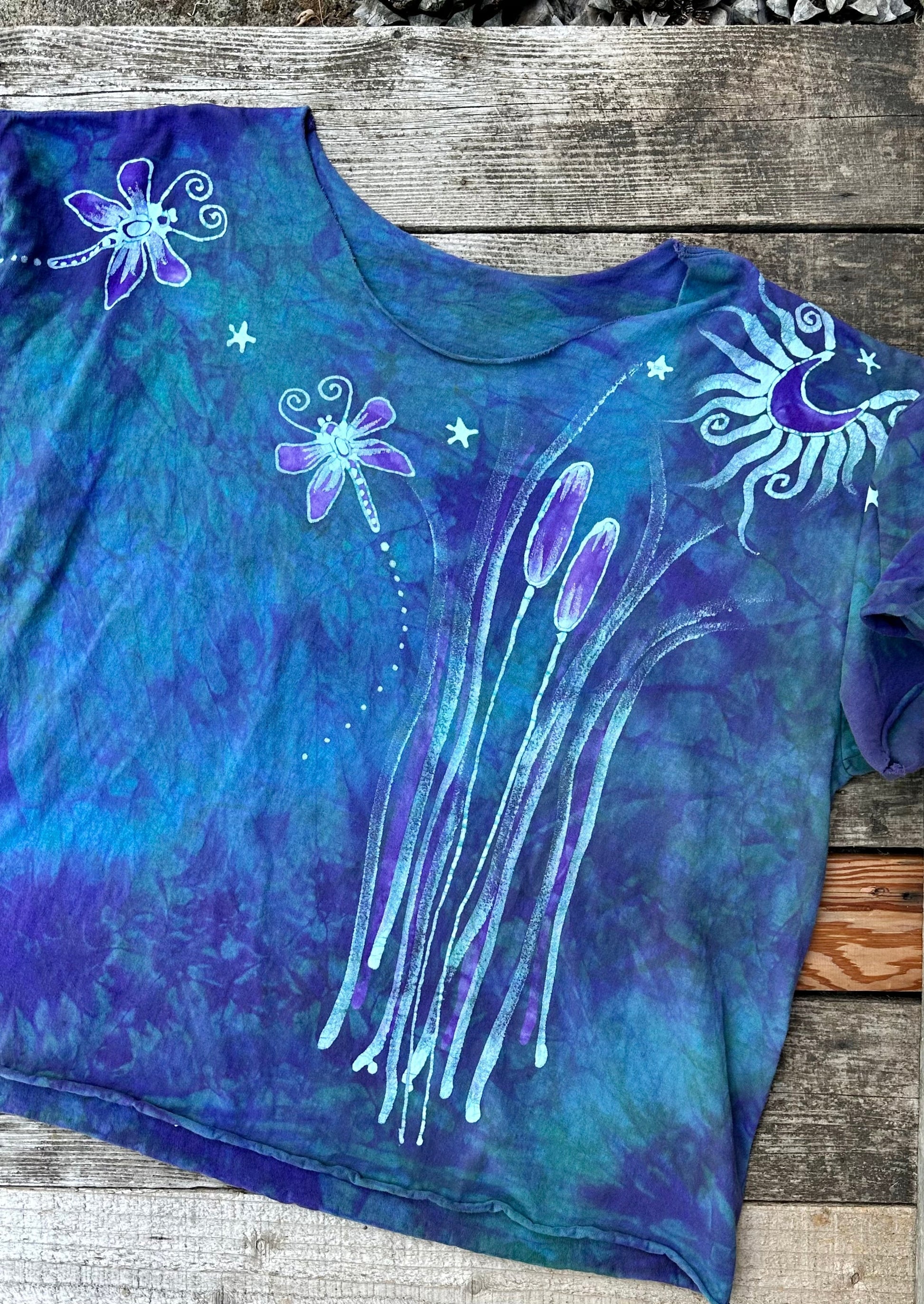 Dragonfly in Teal and Purple Cotton Cropped Crew Tee - Size 2X Shirts & Tops Batikwalla by Victoria 