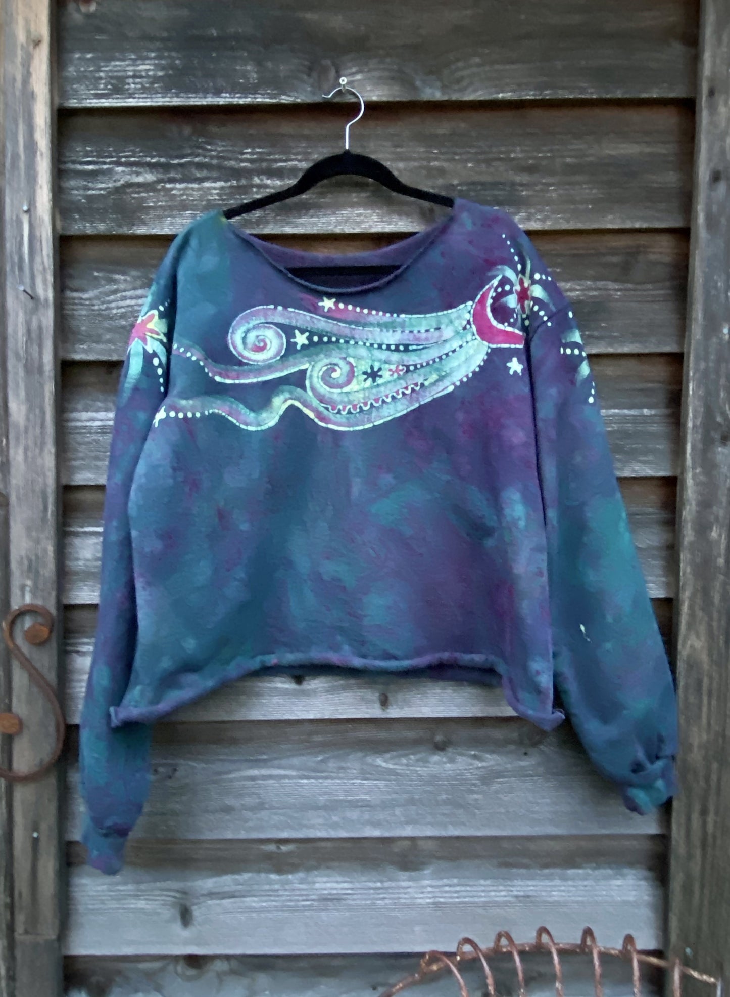Teal Pink and Stars Batik Crop Sweatshirt Tops Batikwalla by Victoria 