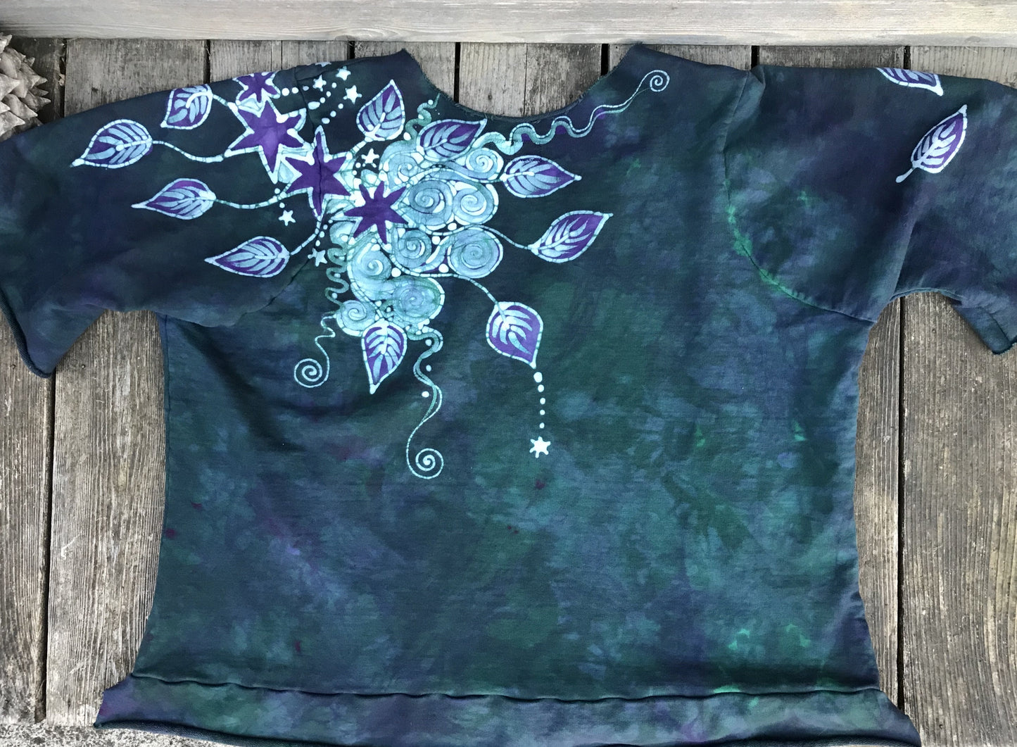 Teal Purple Moon Organic Cotton Handmade Batik Top, Size 2X Plus Batik Dresses Batikwalla 