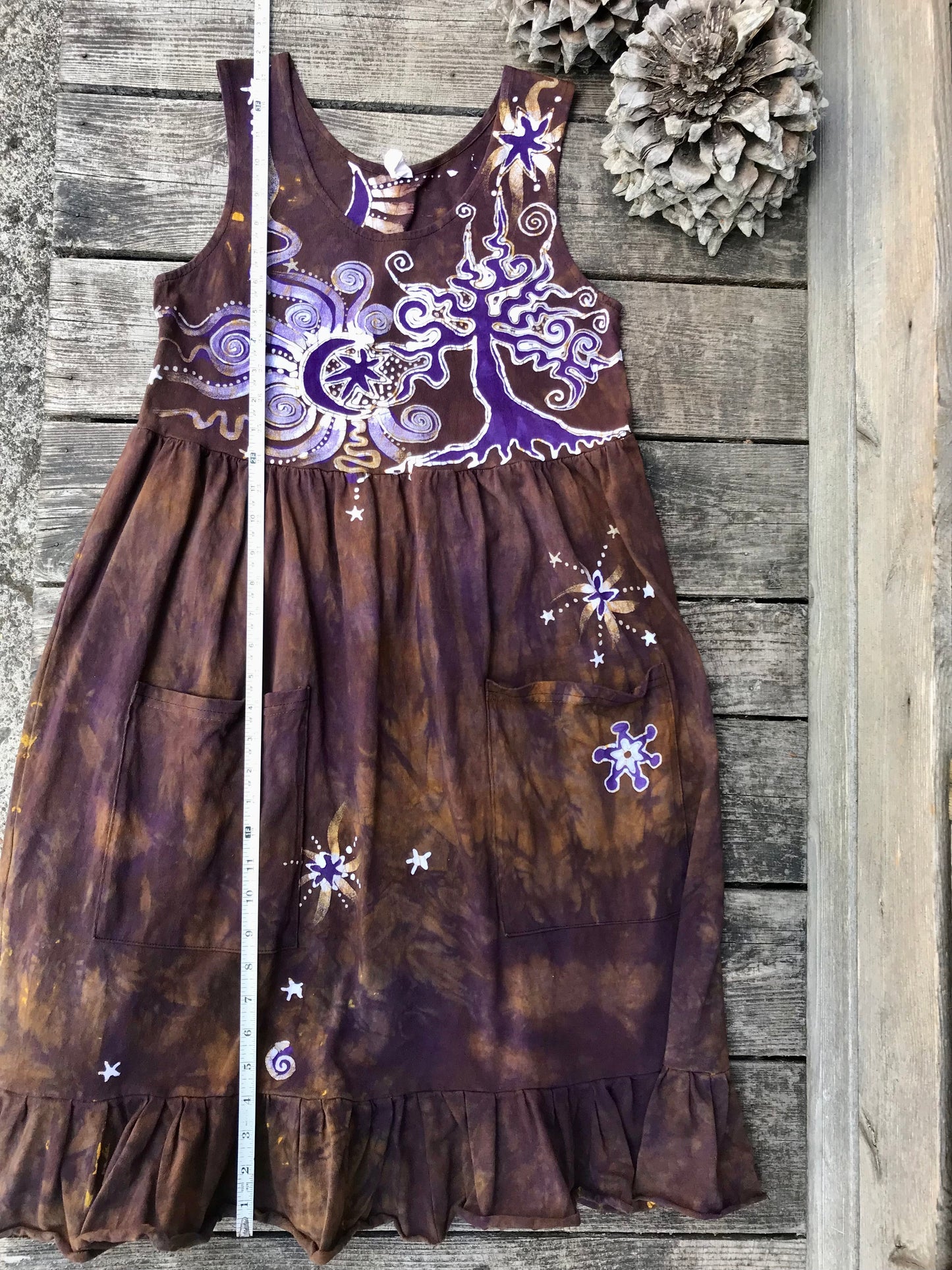 Golden Sun Purple Forest Farmer's Market Pocket Dress - Size Small Batik Dresses Batikwalla 