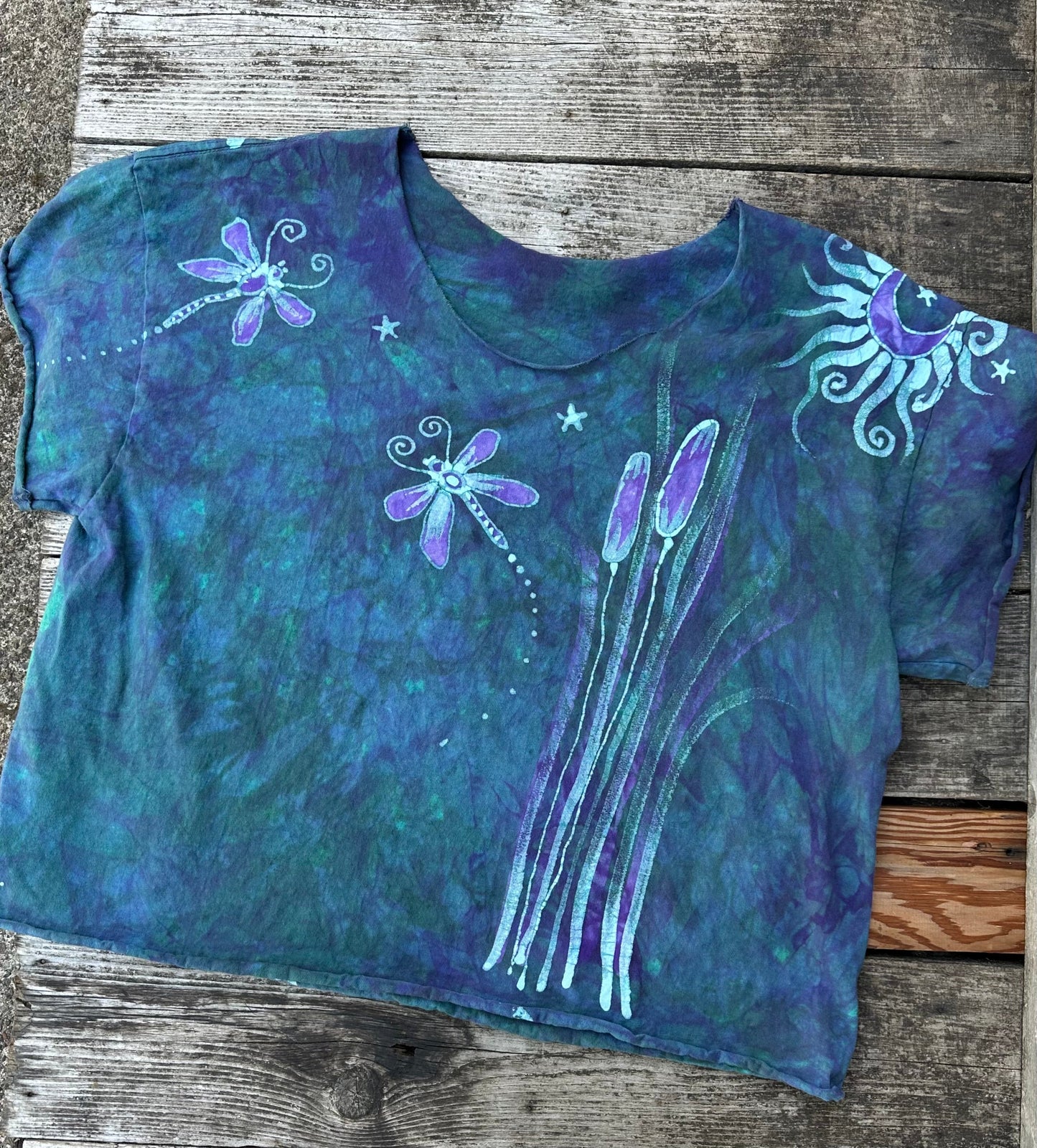 Dragonfly in Teal and Purple Cotton Cropped Crew Tee - Size Large Shirts & Tops Batikwalla by Victoria Large 