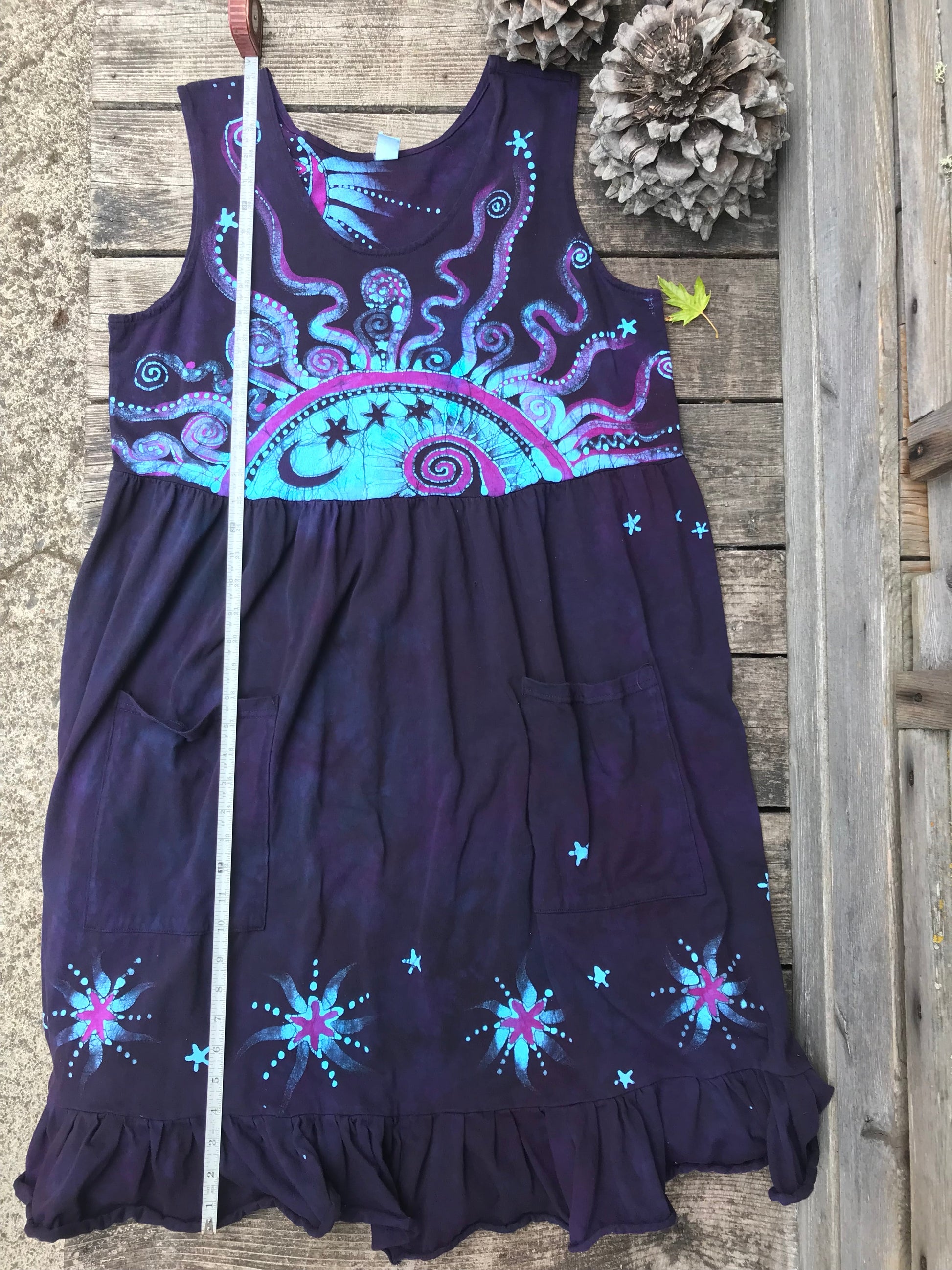 Mystic Moonlight with Turquoise Sunrise - Farmer's Market Pocket Dress - Size 2X Batik Dresses Batikwalla 