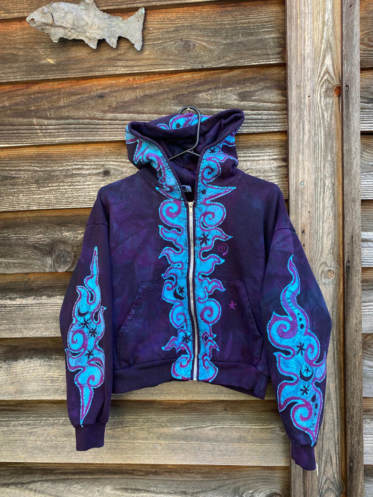 Midnight Purple with Turquoise Flames Handmade Batik Hoodie - Size S/M hoodie batikwalla 
