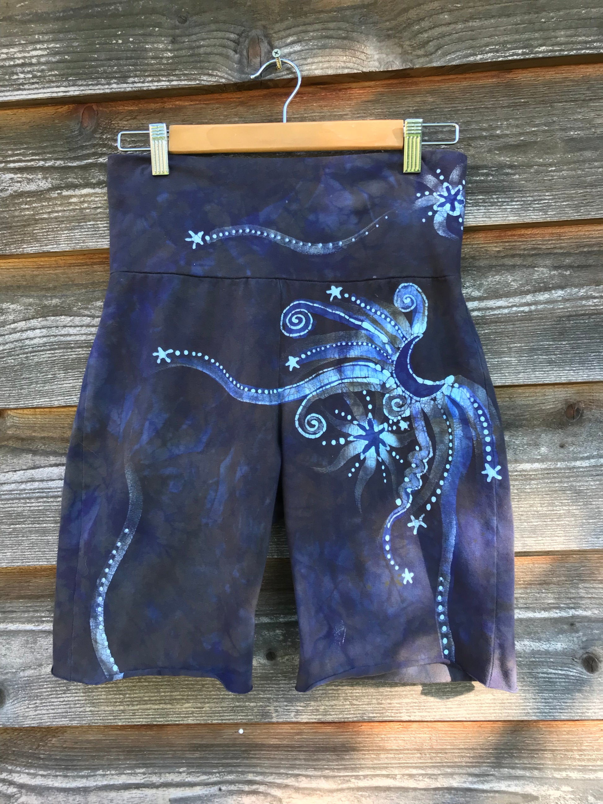 Moon and Stars Batik Biker Shorts - Sage and Purple - Size Medium Batikwalla by Victoria 
