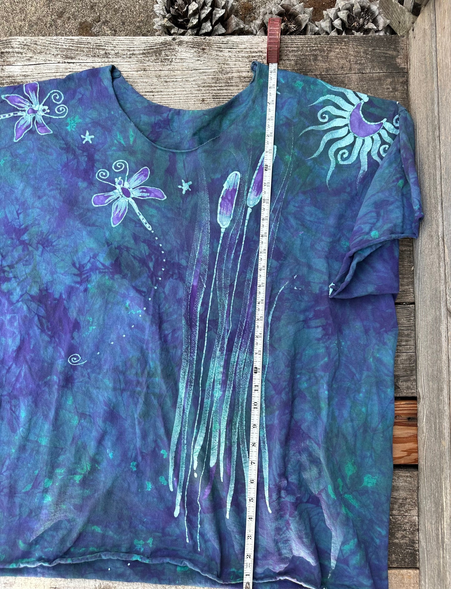Dragonfly in Teal and Purple Cotton Cropped Crew Tee - Size 3X Shirts & Tops Batikwalla by Victoria 