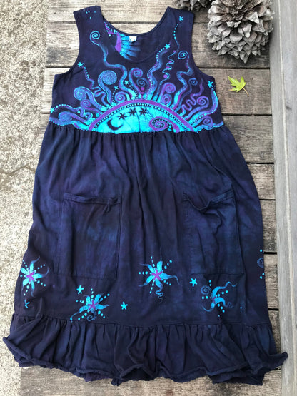 Mystic Moonlight with Turquoise Sunrise - Farmer's Market Pocket Dress - Size Large Batik Dresses Batikwalla 