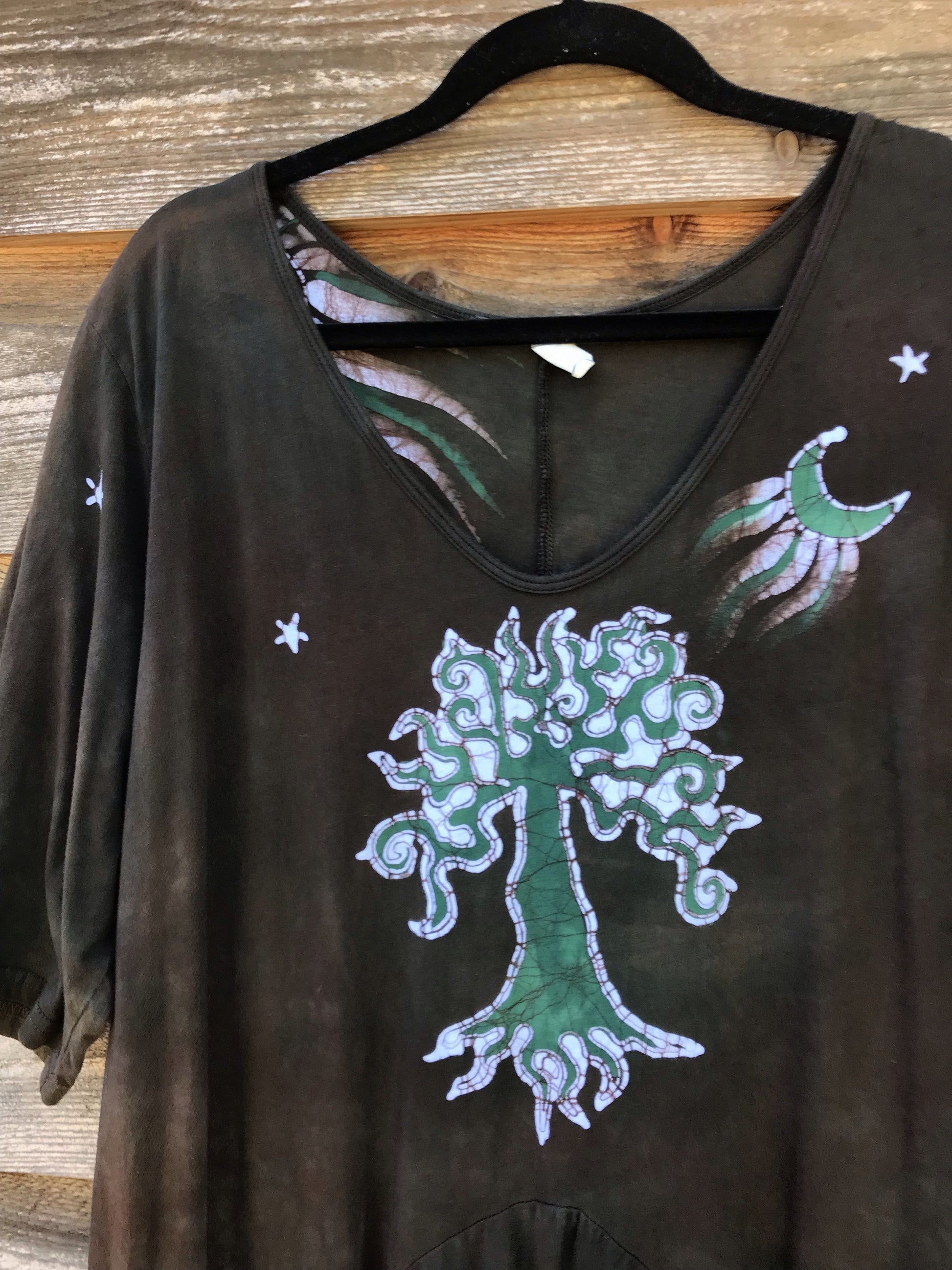 Earthy Green Tree - Hand Painted Short Sleeve Batik Dress With Pockets - Size 3X Batik Dresses Batikwalla 