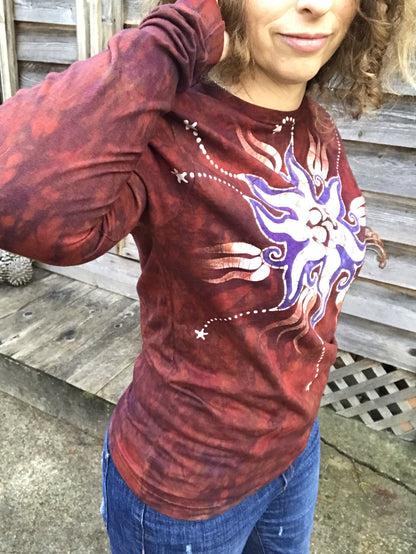 Red Om Starburst Long Sleeve Hand Painted Batik Tshirt - Size Medium