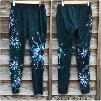 Dark Teal and Purple Stars Batikwalla Leggings - size Small ONLY