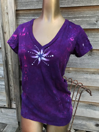 Center Star in Bright Purple Hand Painted Vneck Tee
