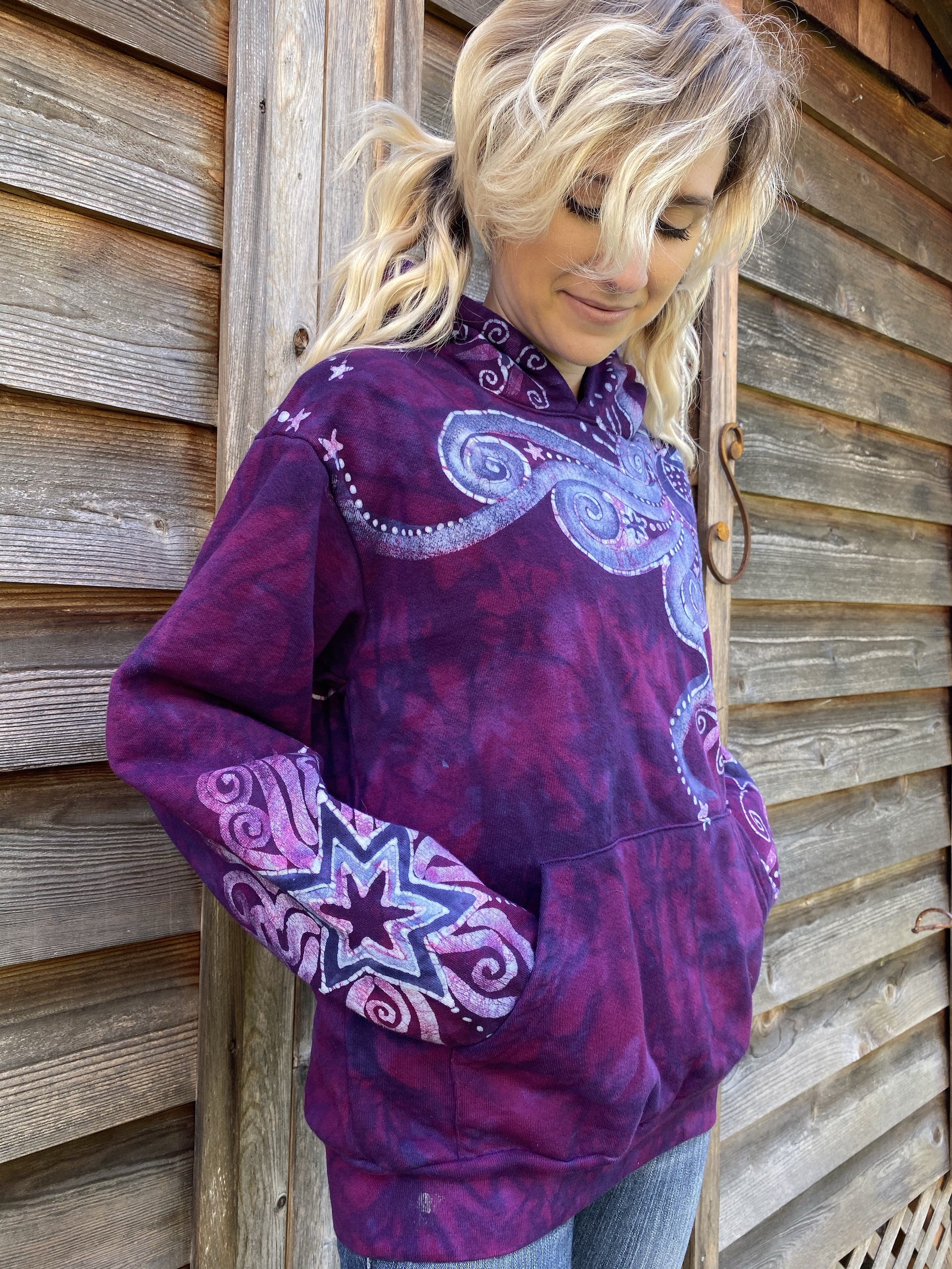 Purple Star Magick With Perpetual Swirls Pullover Hoodie - Handcrafted Batik - Size SMALL hoodie batikwalla 