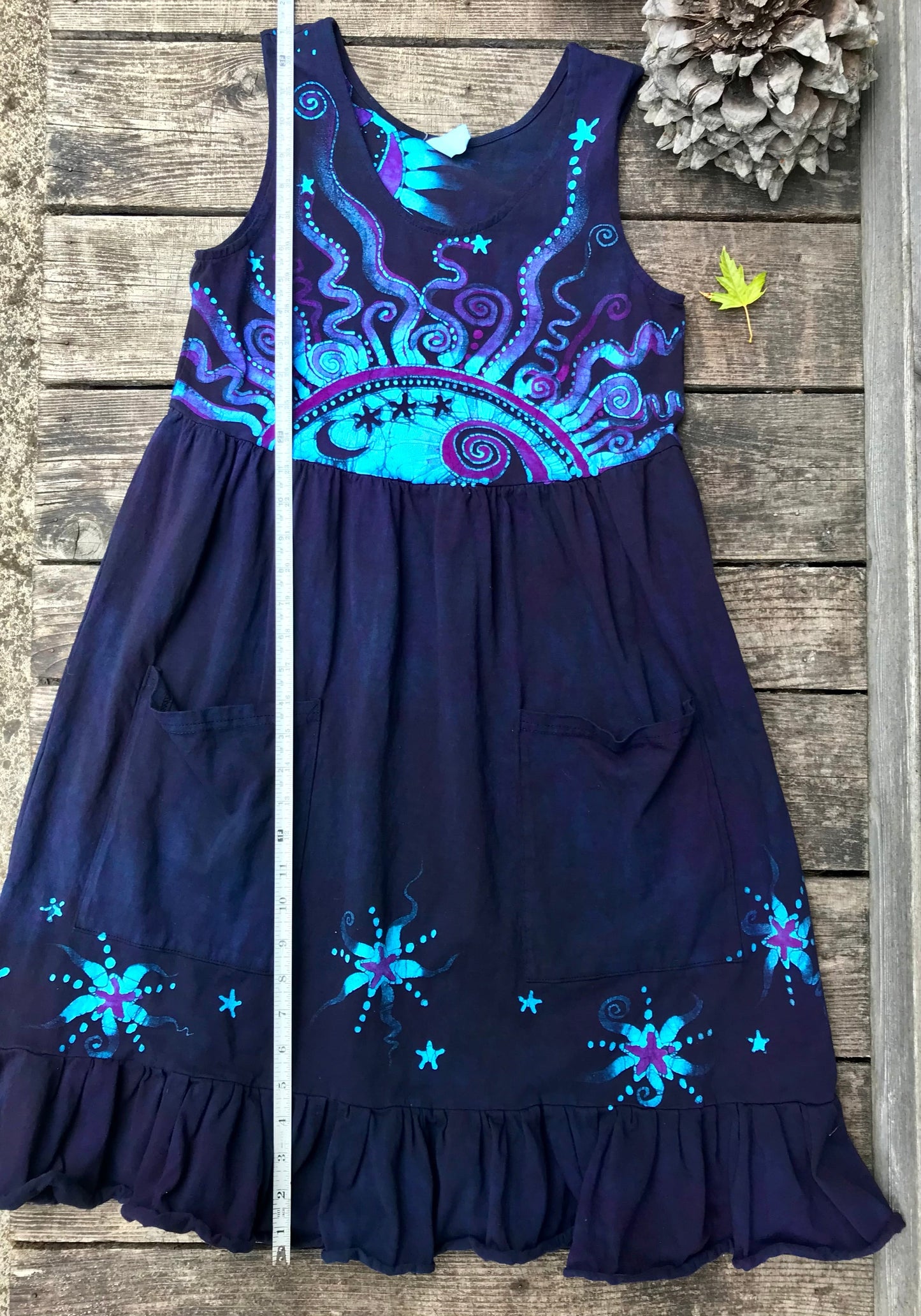 Mystic Moonlight with Turquoise Sunrise - Farmer's Market Pocket Dress - Size Small Batik Dresses Batikwalla 