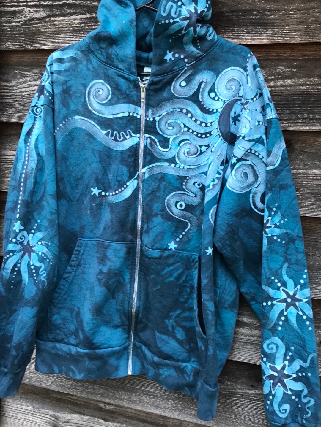Denim Blue Moon Handcrafted Batik Zipper Hoodie - Large hoodie batikwalla 
