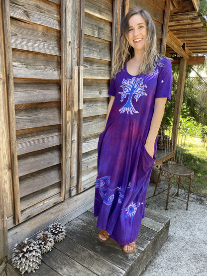 Bright Aura Tree - Short Sleeve Batik Dress in Magenta Batik Dresses Batikwalla 