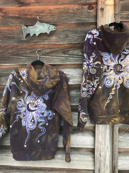 Dark Gold and Purple Moon and Star Handcrafted Batik Zipper Hoodie - Size Small hoodie batikwalla 