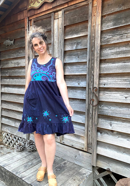 Mystic Moonlight with Turquoise Sunrise - Farmer's Market Pocket Dress - Size Small Batik Dresses Batikwalla Small 
