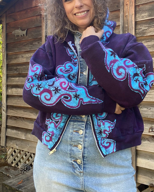 Midnight Purple with Turquoise Flames Handmade Batik Hoodie - Size M/L hoodie batikwalla M/L 