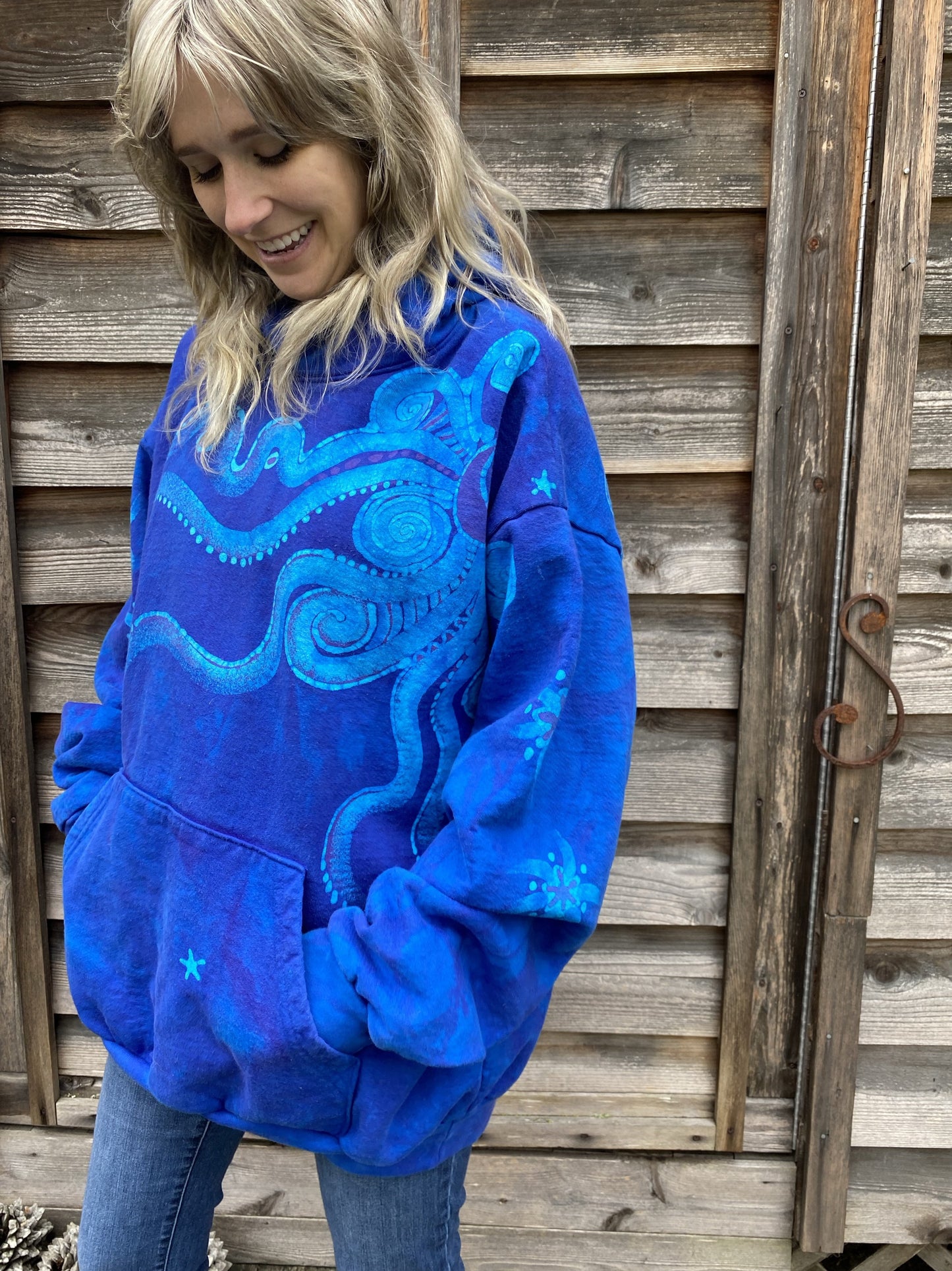 Made for Susanne H. MEMBER EXCLUSIVE Bright Blue Moonlight Cascade Pullover Hoodie - Size 2X hoodie batikwalla 