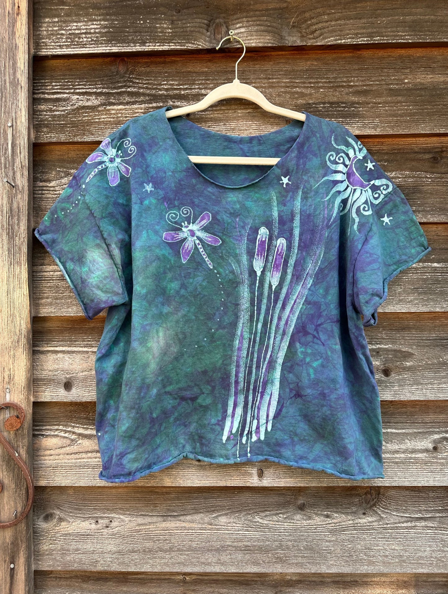 Dragonfly in Teal and Purple Cotton Cropped Crew Tee - Size XL Shirts & Tops Batikwalla by Victoria XL 