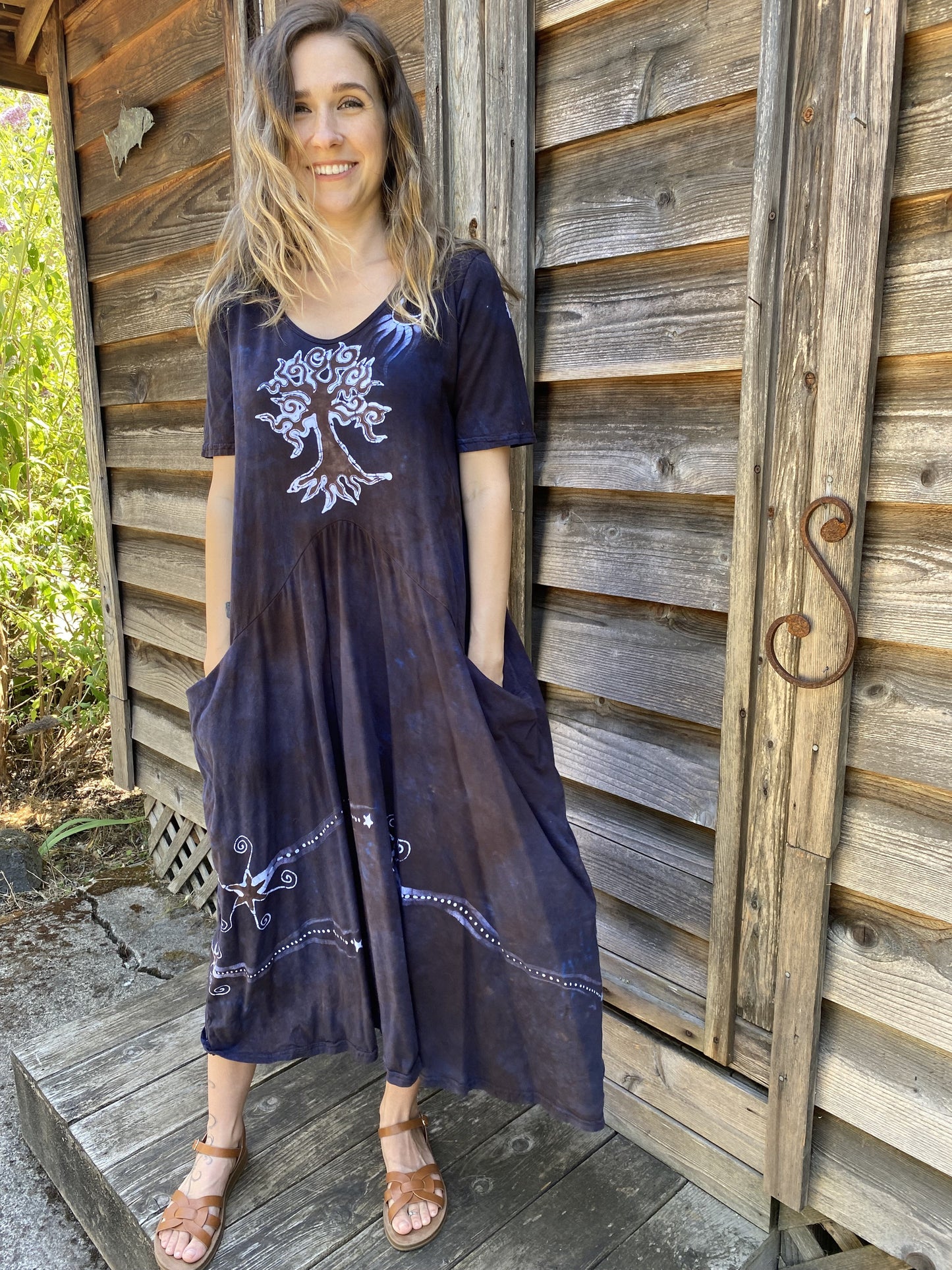 Rustic Denim Tree - Hand Painted Short Sleeve Batik Dress - With Pockets Batik Dresses Batikwalla 