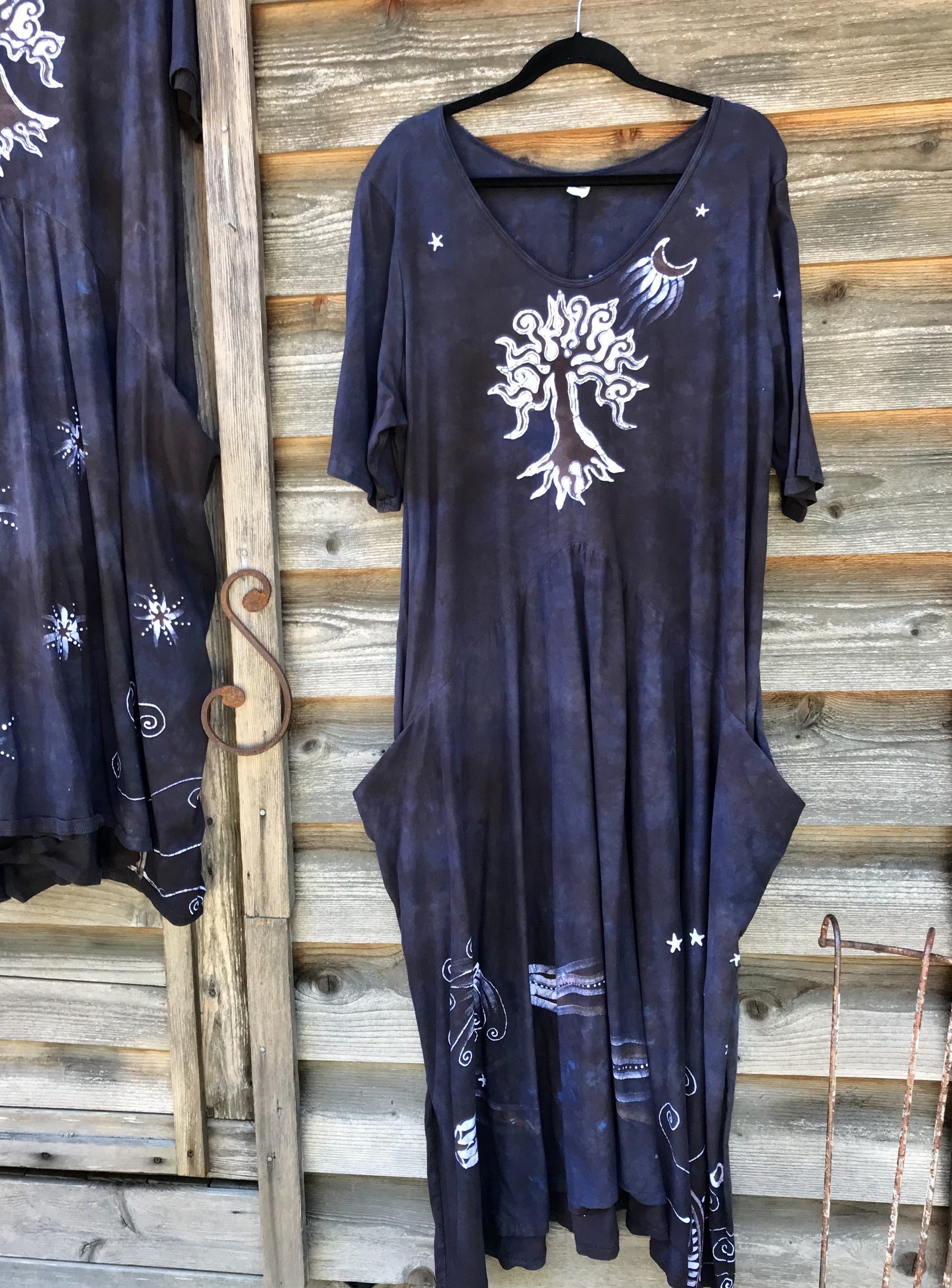 Rustic Denim Tree - Hand Painted Short Sleeve Batik Dress - With Pockets Batik Dresses Batikwalla 3X 