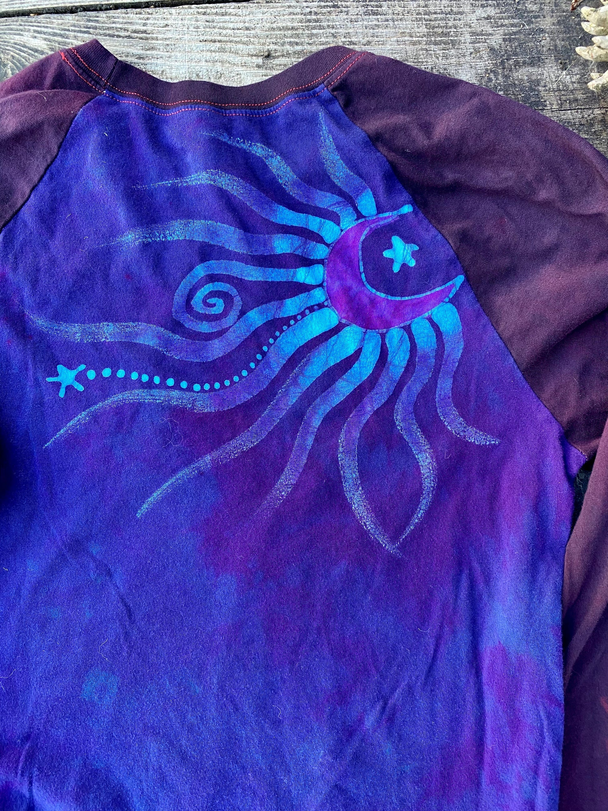 Midnight Blue and Purple Moon Swirls Black Raglan 3/4 Sleeve Batik Top Tops Batikwalla XL 