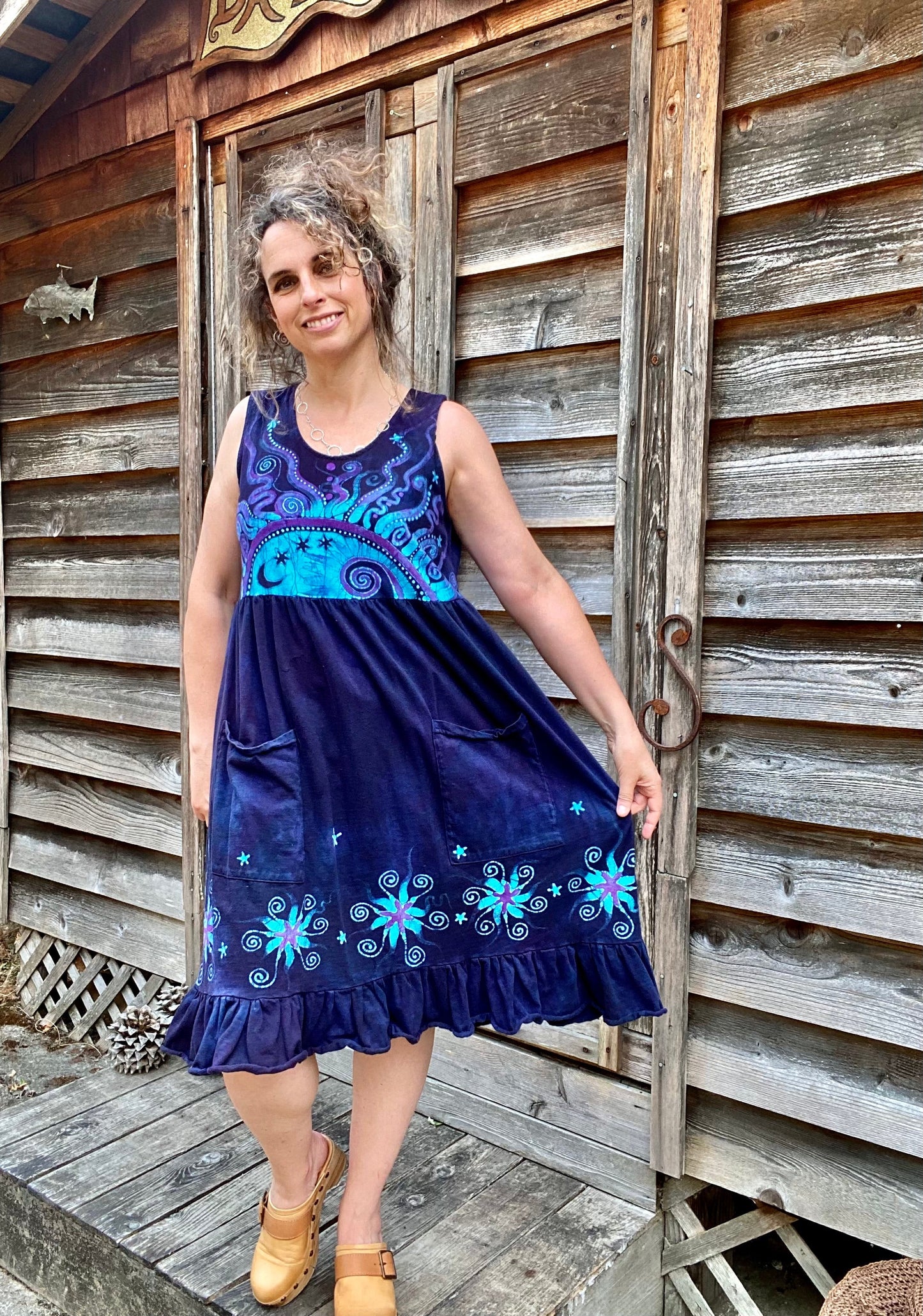Mystic Moonlight with Turquoise Sunrise - Farmer's Market Pocket Dress - Size Large Batik Dresses Batikwalla Large 