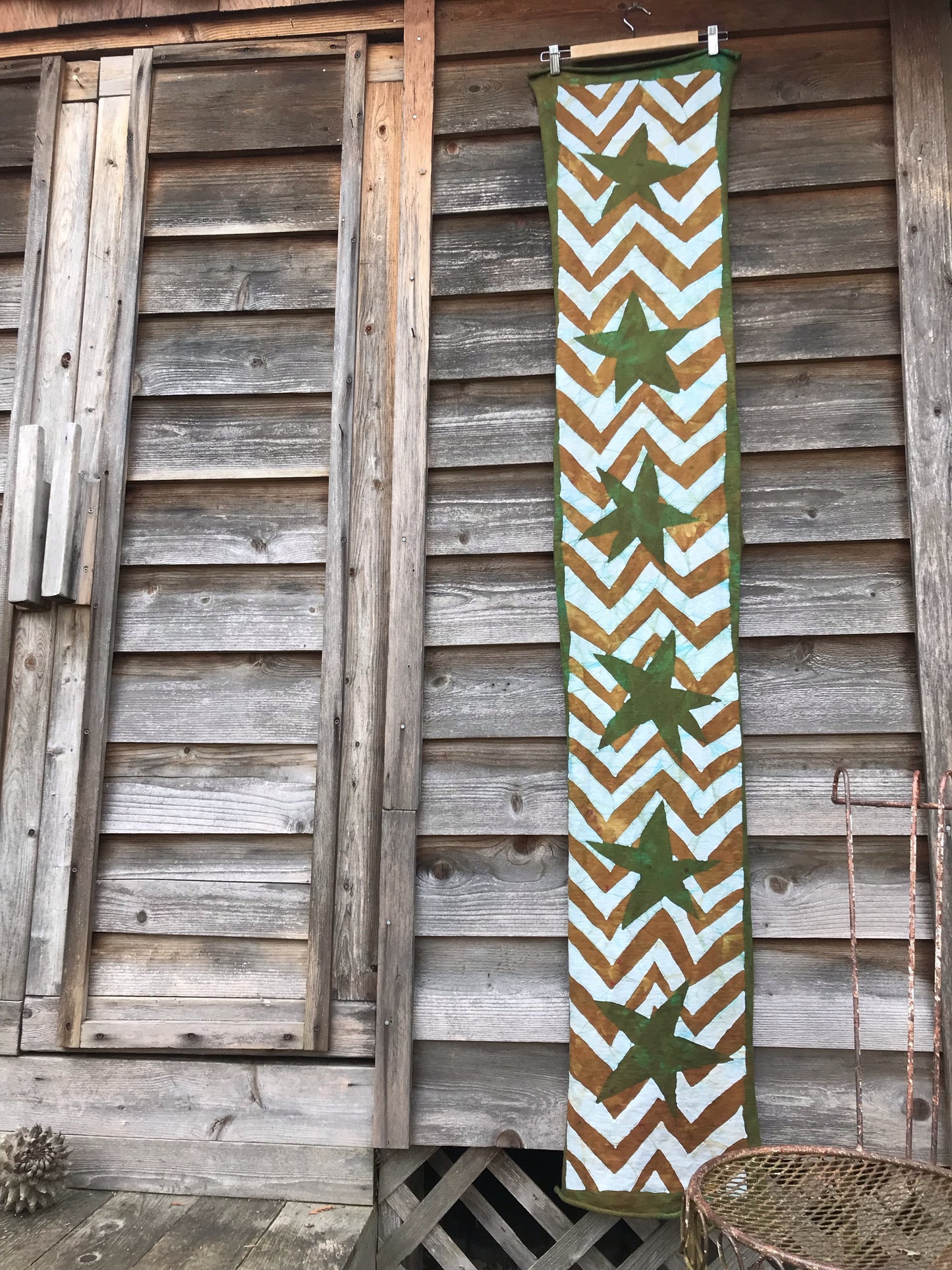 Zigzag Stars Soft Brown & Green - Thick Organic Cotton Fleece Hand Painted Scarf