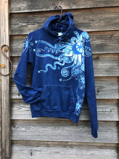Blue Rain Moonpower Pullover Batik Hoodie - Handcrafted In Organic Cotton - Size Small ONLY hoodie batikwalla 