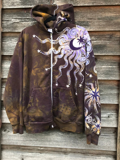 Dark Gold and Purple Moon and Star Handcrafted Batik Zipper Hoodie - Size Medium hoodie batikwalla 