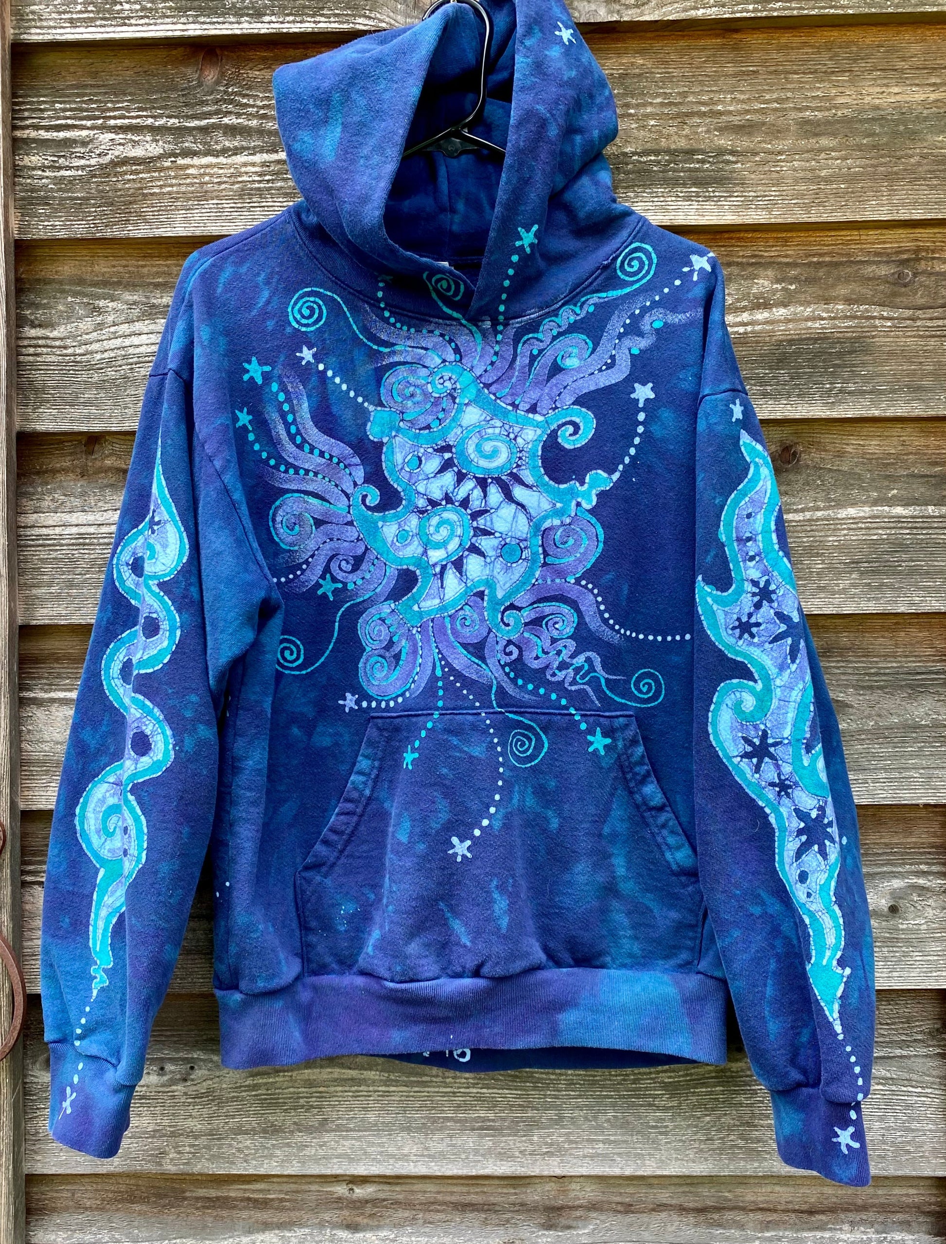 Aqua Serene Moon and Stars - Handcrafted Batik Pullover Hoodie - Size Small ONLY hoodie batikwalla Small 