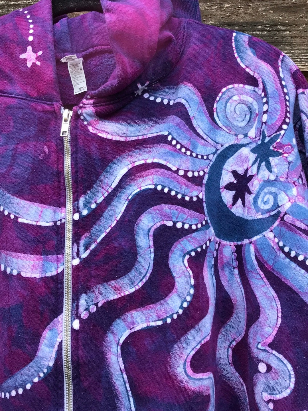 Purple Magenta Moon and Star Handcrafted Batik Zipper Hoodie - Size 2X hoodie batikwalla 