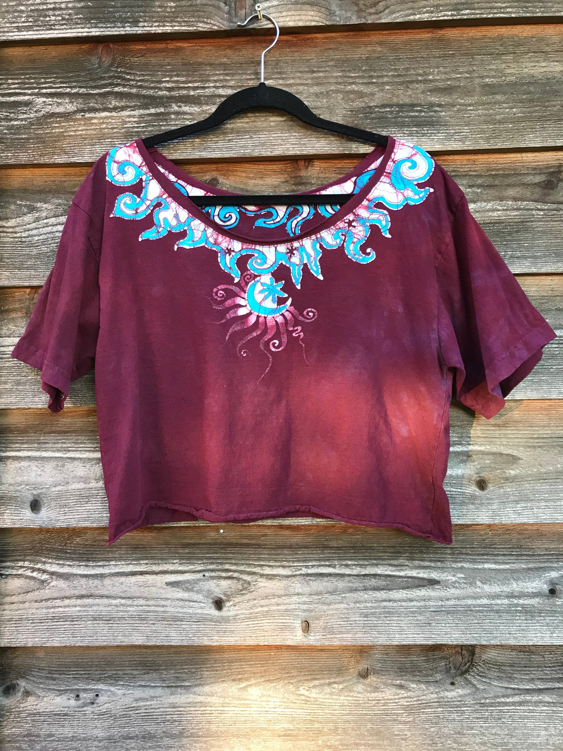 Turquoise and Rust Perpetual Waves of Moonlight Oversize Crop Top Batikwalla by Victoria 
