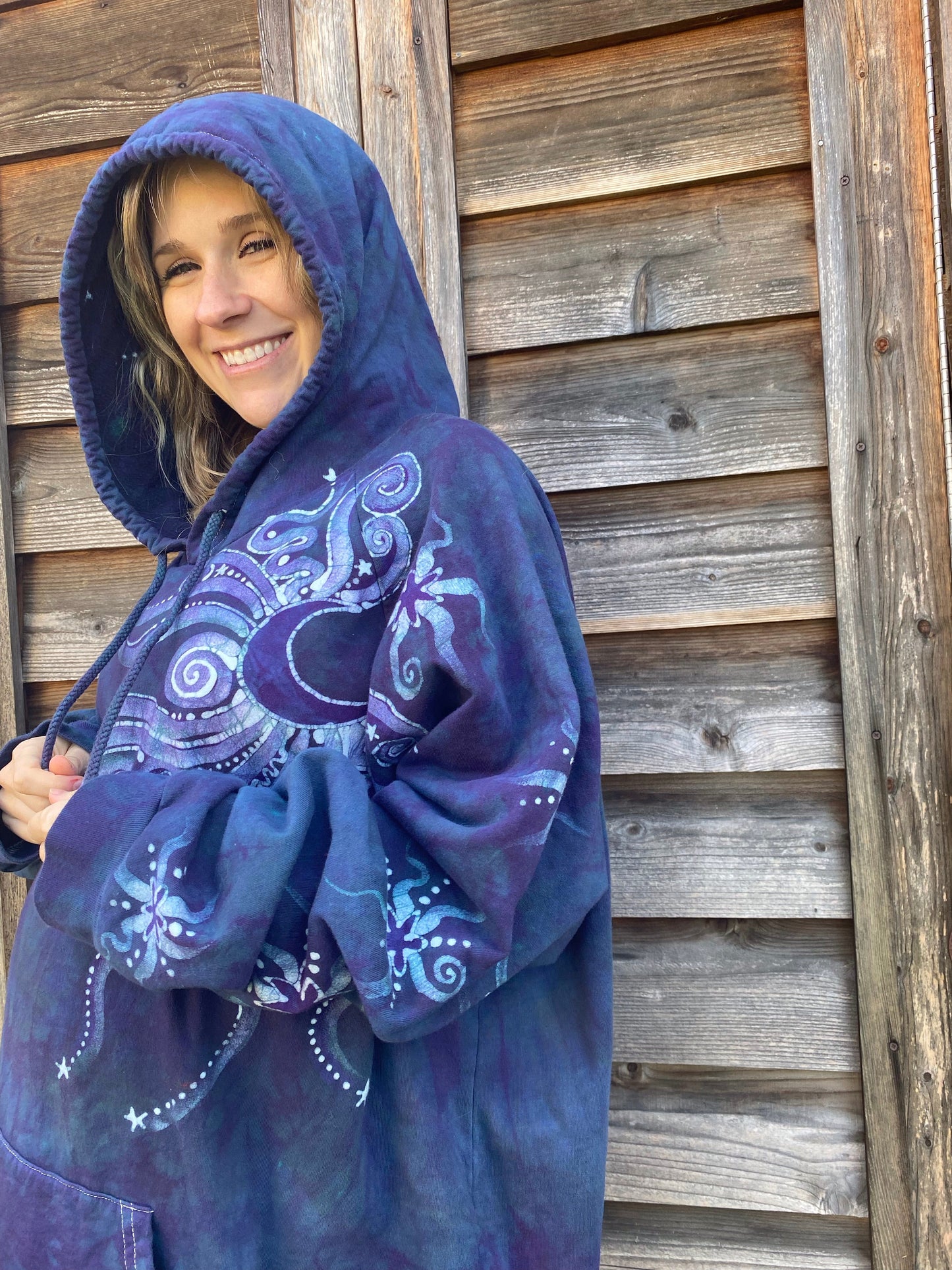 Drab Teal Moon Pullover Batik Hoodie in Organic Cotton - Made Oversize in 3X hoodie batikwalla 