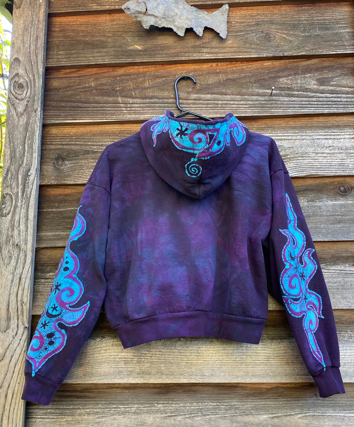 Midnight Purple with Turquoise Flames Handmade Batik Hoodie - Size S/M hoodie batikwalla 