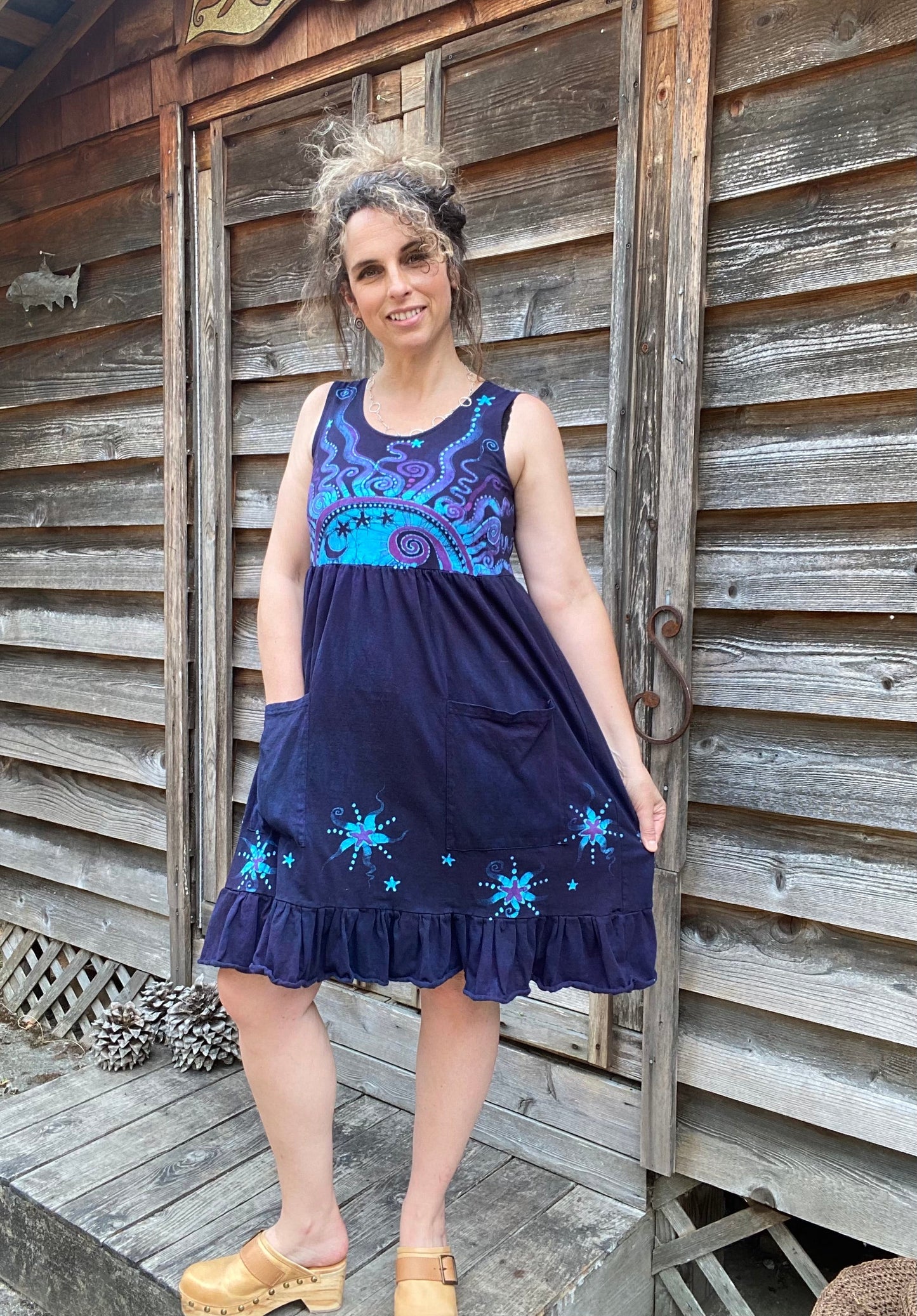 Mystic Moonlight with Turquoise Sunrise - Farmer's Market Pocket Dress - Size Small Batik Dresses Batikwalla 