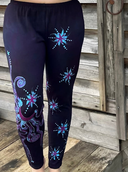 Deep Purple and Turquoise Moon and Star Batik Leggings - Size XL leggings batikwalla XL Long 