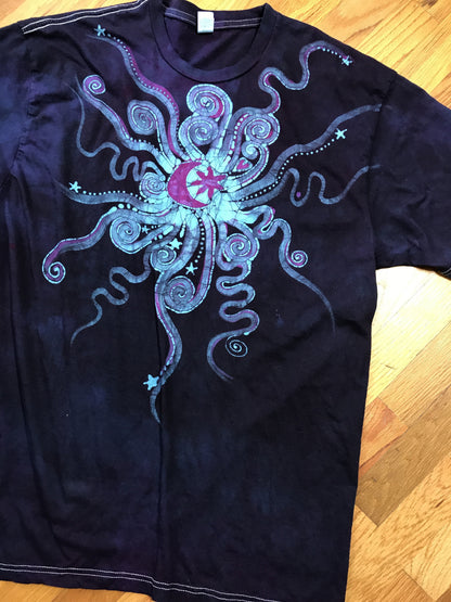 Deep Blue and Purple Moonbeams Handmade Batik Tshirt - Size XL