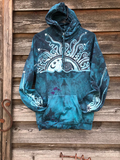 Blue Cosmic Sunrise Pullover Batik Hoodie in Organic Cotton - Size Medium hoodie batikwalla 