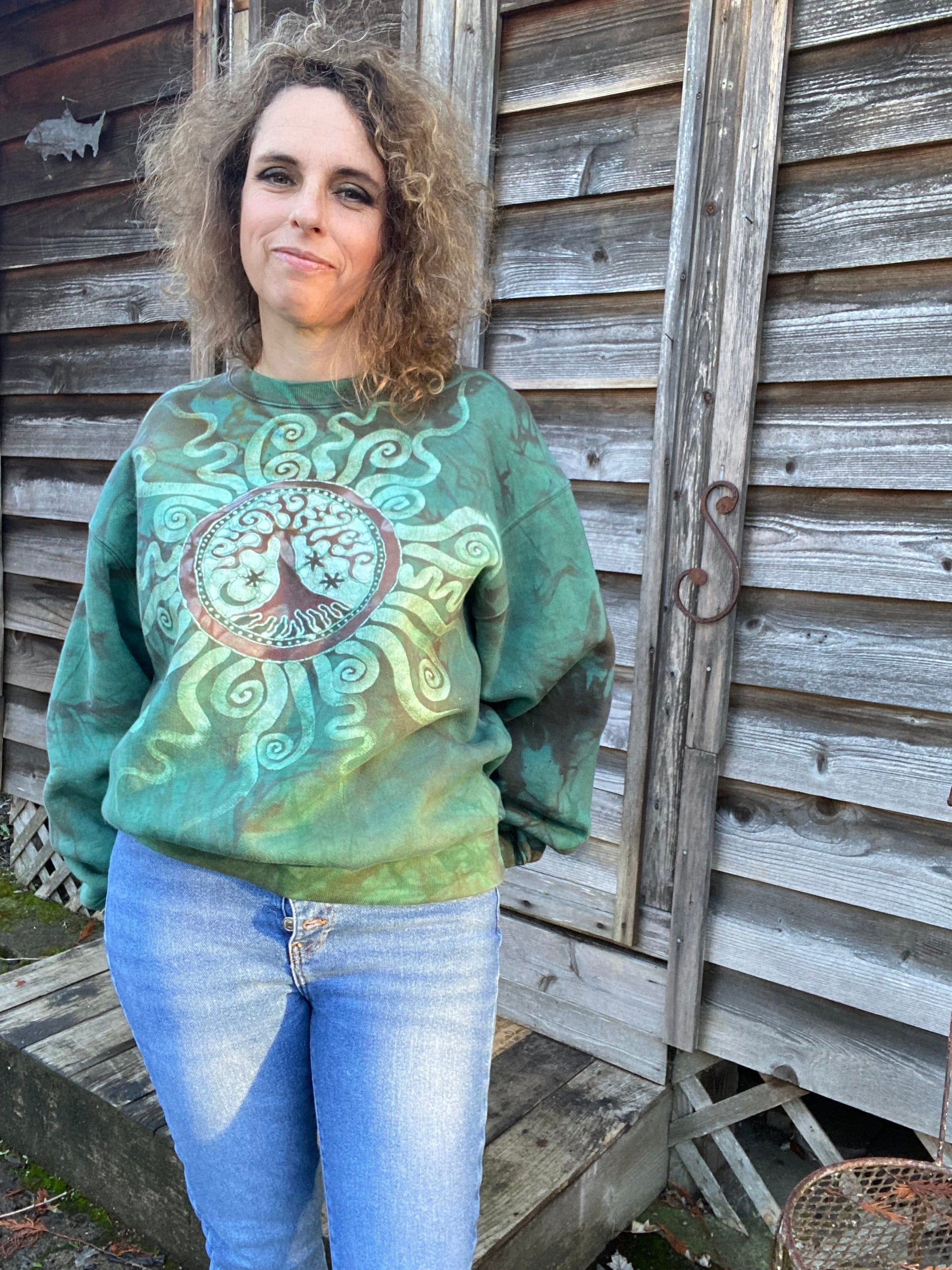 Glowing Moss Green Tree of Life Sweatshirt - Size Small ONLY (runs large) Tops Batikwalla by Victoria 
