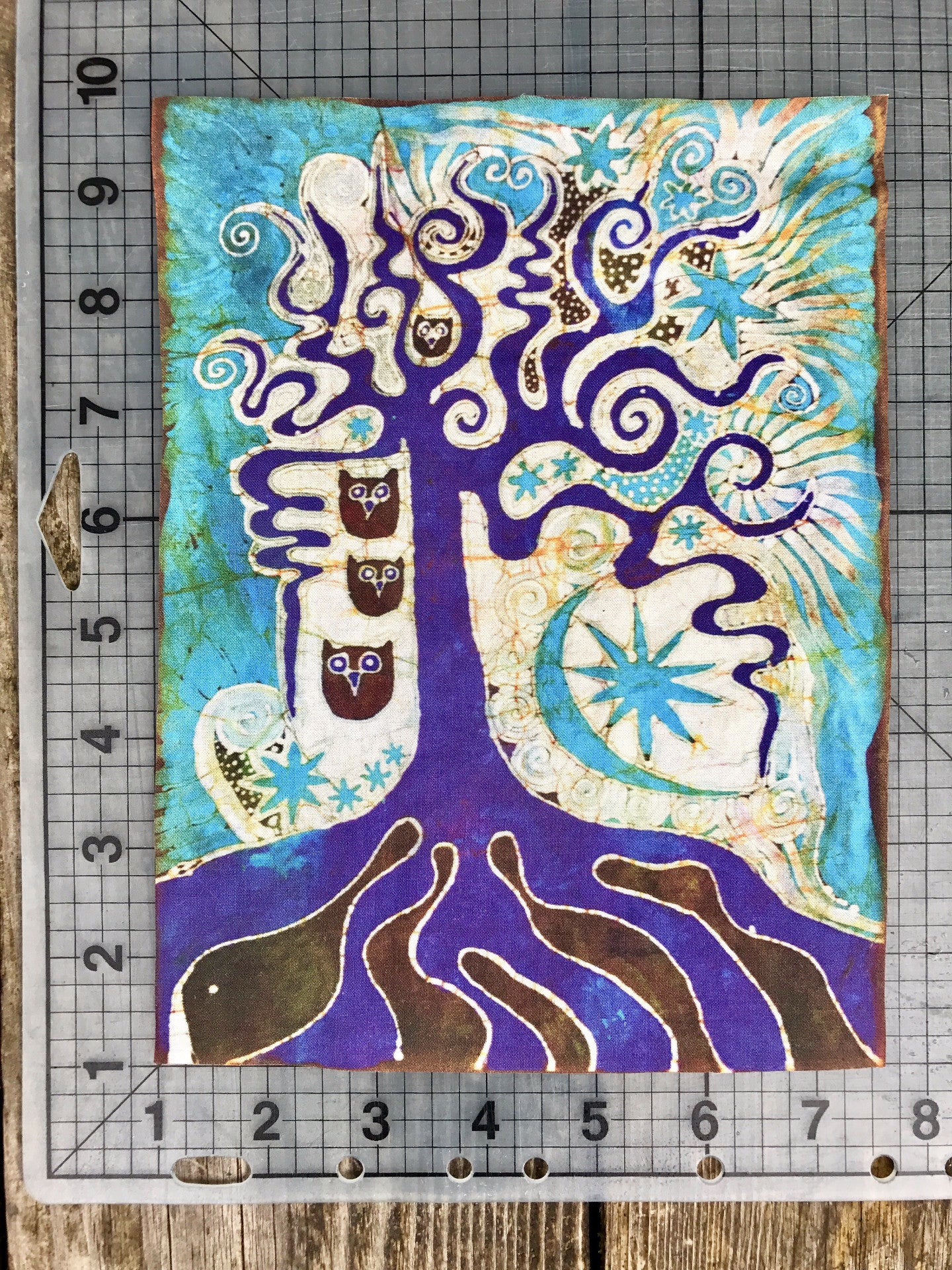 Purple Roots With Owls Batik Fabric Print