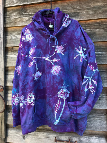 Purple Spring Flowers Pullover Batik Hoodie in Organic Cotton - Handmade Oversize in 3X hoodie batikwalla 