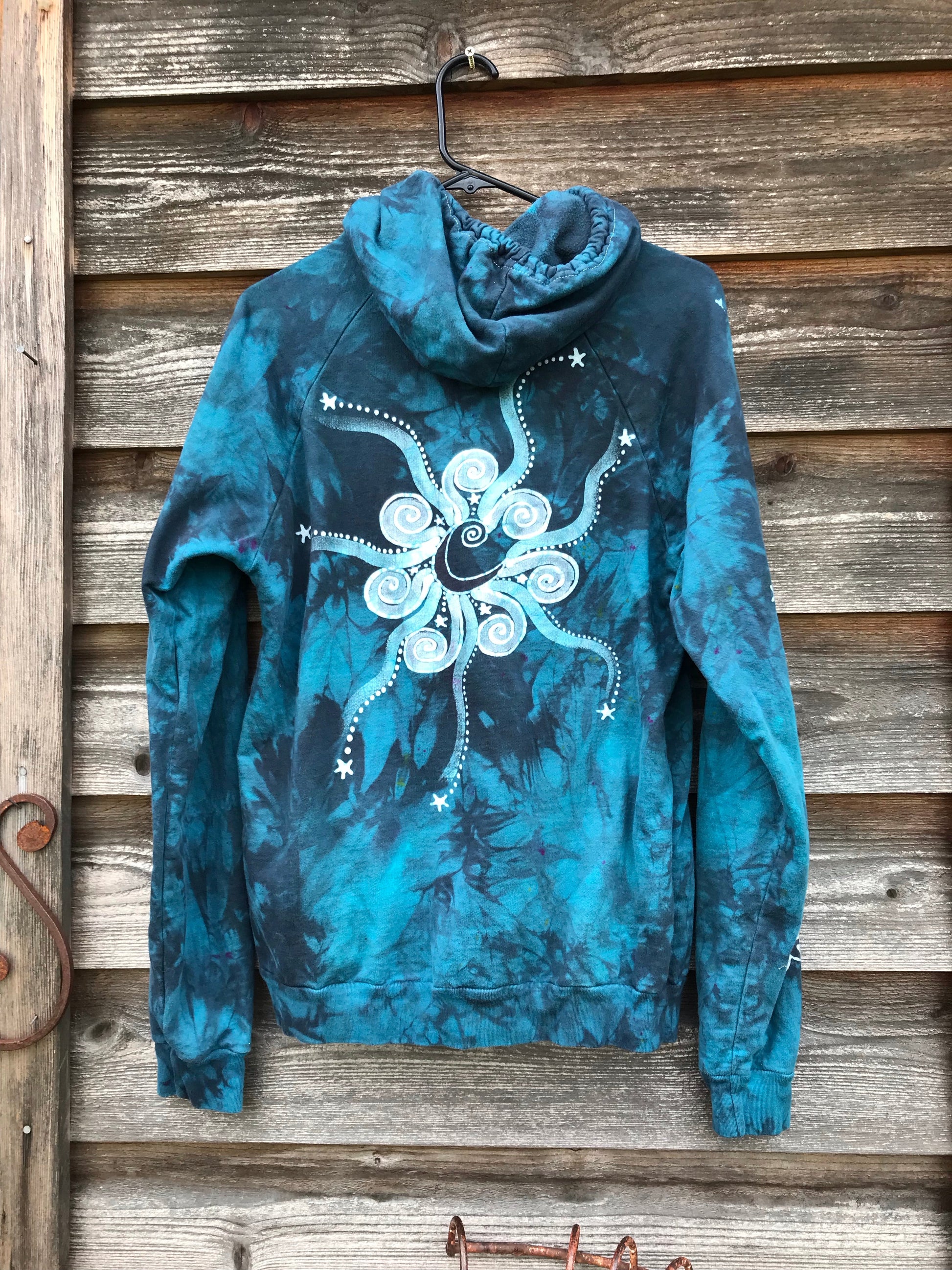 Blue Cosmic Sunrise Pullover Batik Hoodie in Organic Cotton - Size Medium hoodie batikwalla 