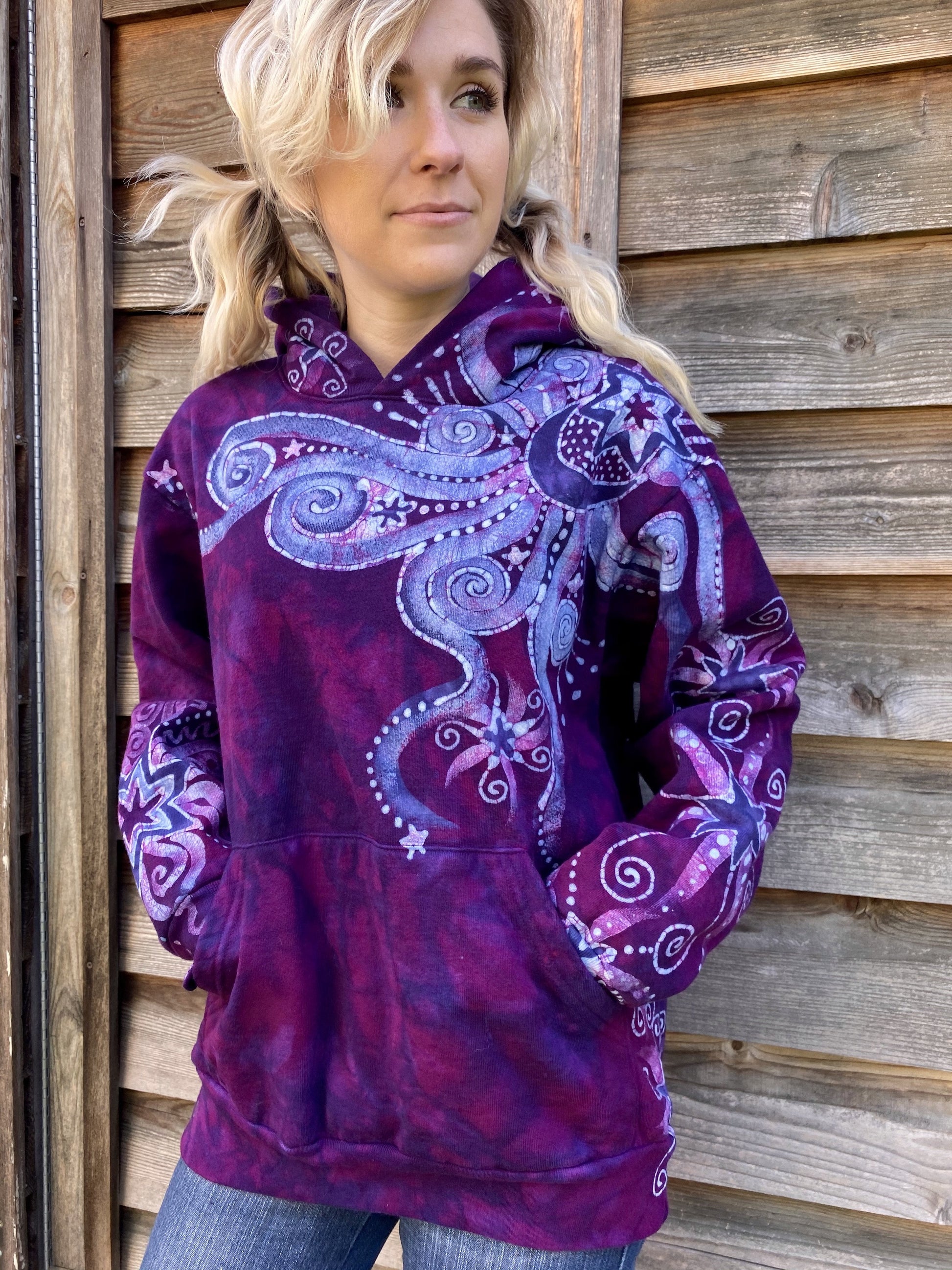 Purple Star Magick With Perpetual Swirls Pullover Hoodie - Handcrafted Batik - Size SMALL hoodie batikwalla 