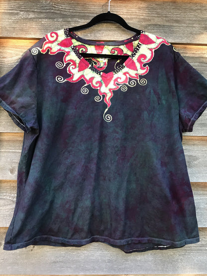 Ruby Gems Necklace Handmade Batik Summer Vneck Tee - Plus Size - 4X