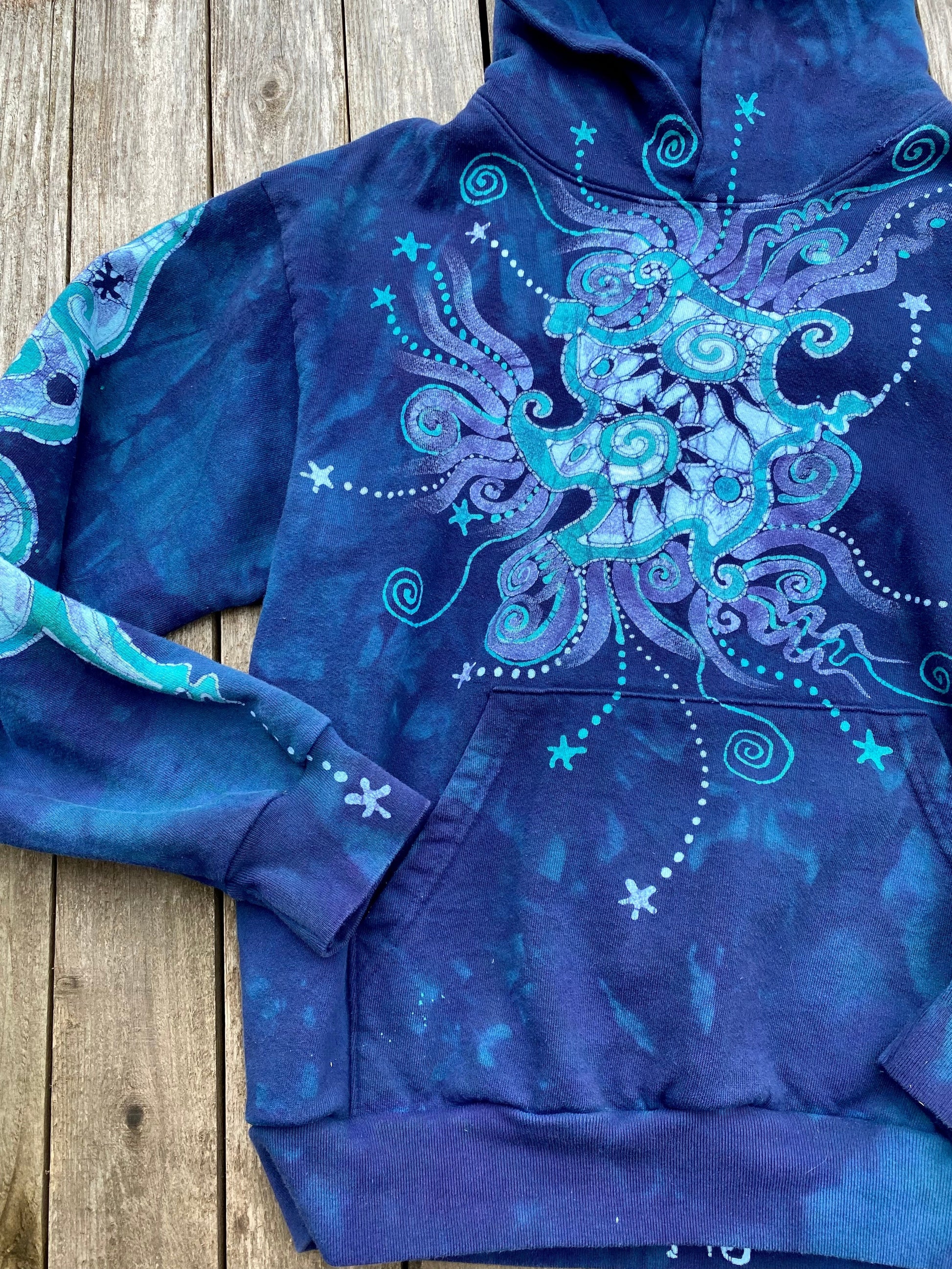 Aqua Serene Moon and Stars - Handcrafted Batik Pullover Hoodie - Size Small ONLY hoodie batikwalla 