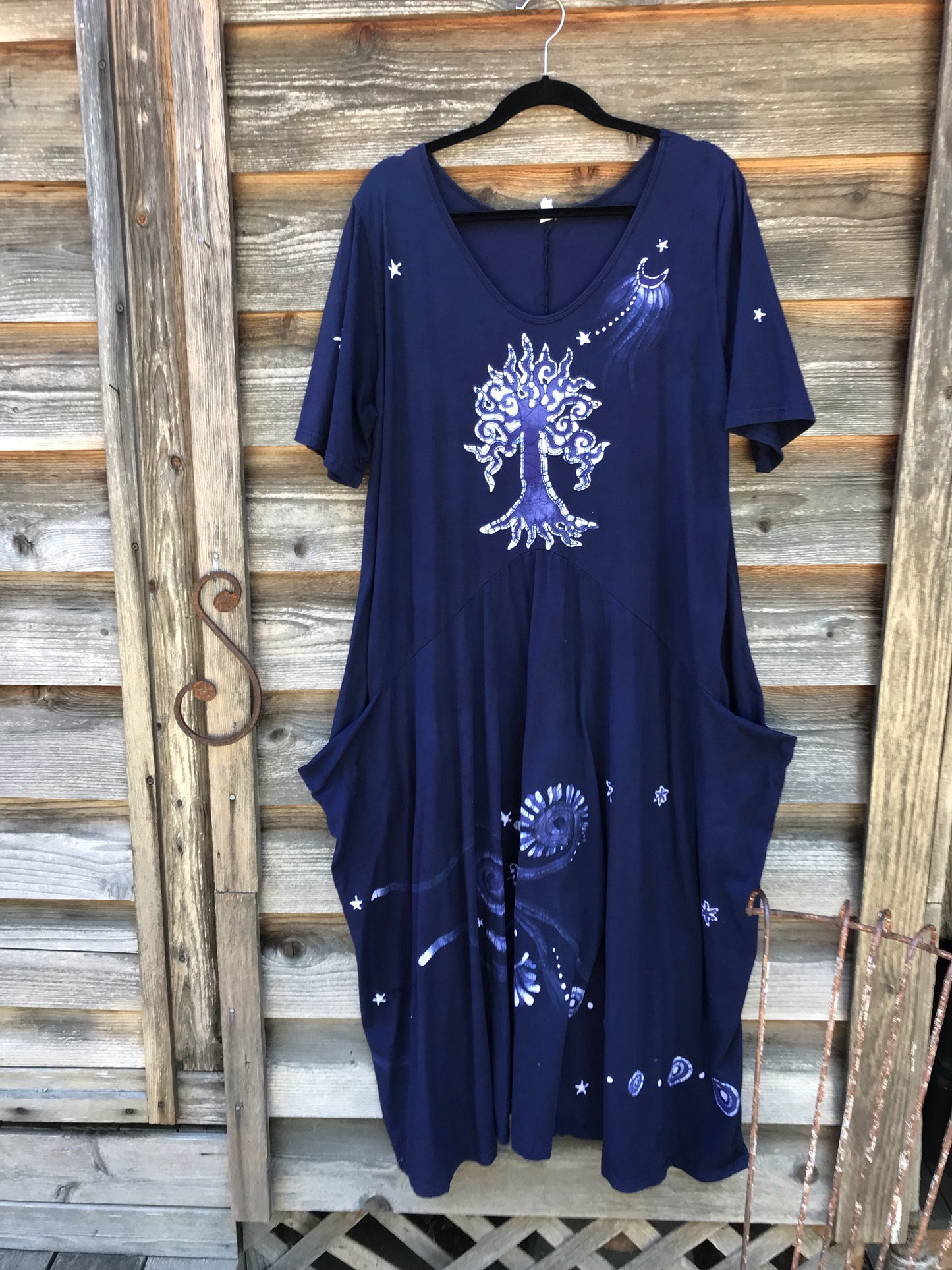 Midnight Moon Tree With Pockets - Short Sleeve Batik Dress - Size 2X Batik Dresses Batikwalla 2X 