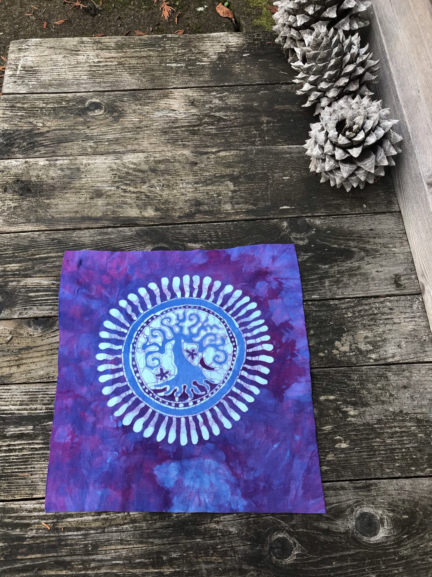 Hand Painted Batik Fabric Square - Tree of Life in Purple and Periwinkle Batikwalla by Victoria 